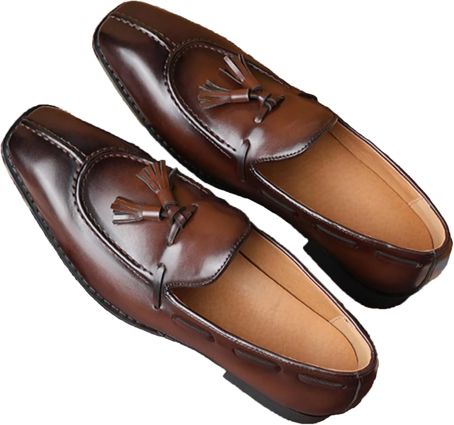 Men's Leather Tassel Dress Loafers Vintage Square Toe Slip-On Oxford Dress Shoes