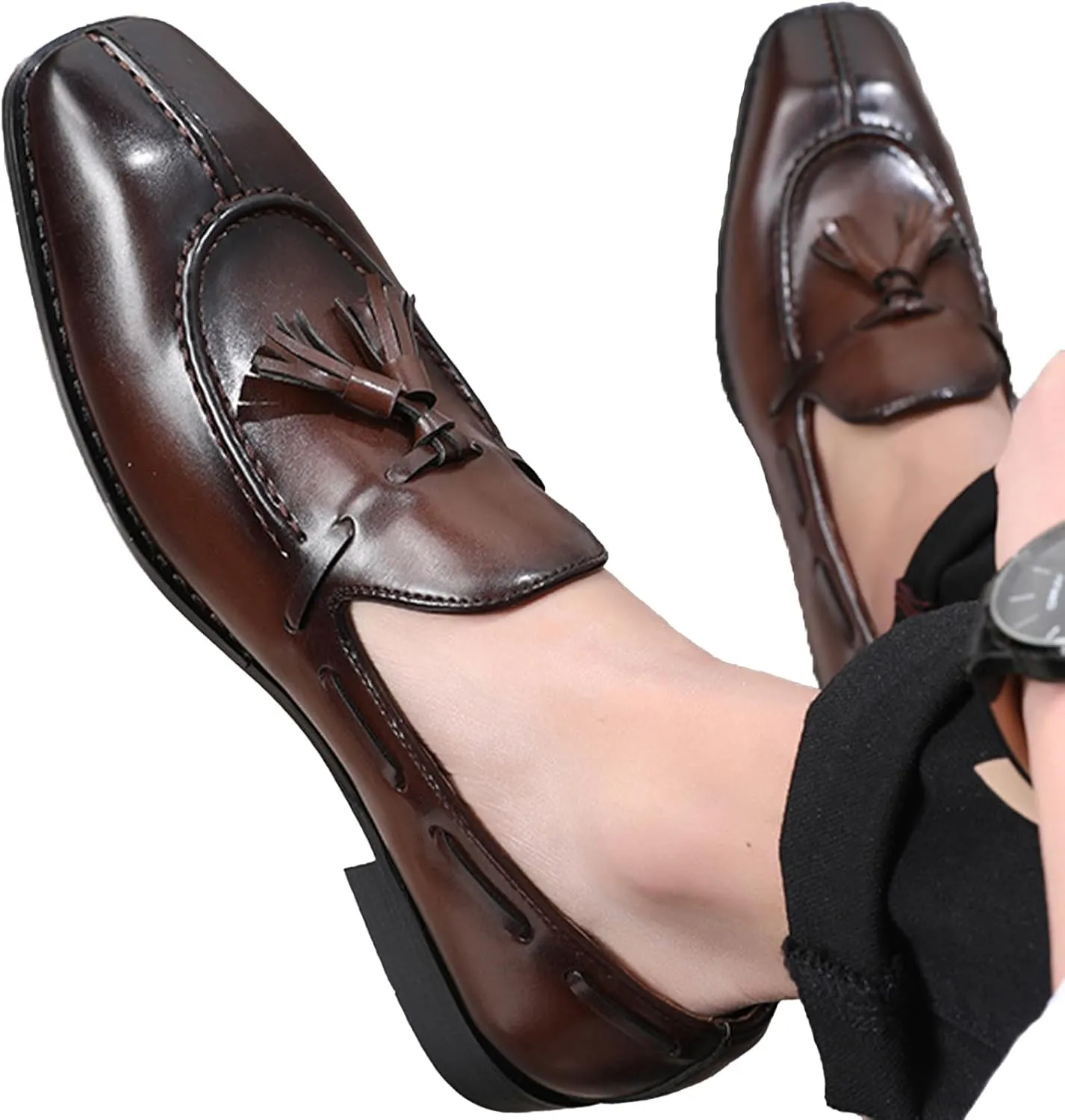 Men's Leather Tassel Dress Loafers Vintage Square Toe Slip-On Oxford Dress Shoes