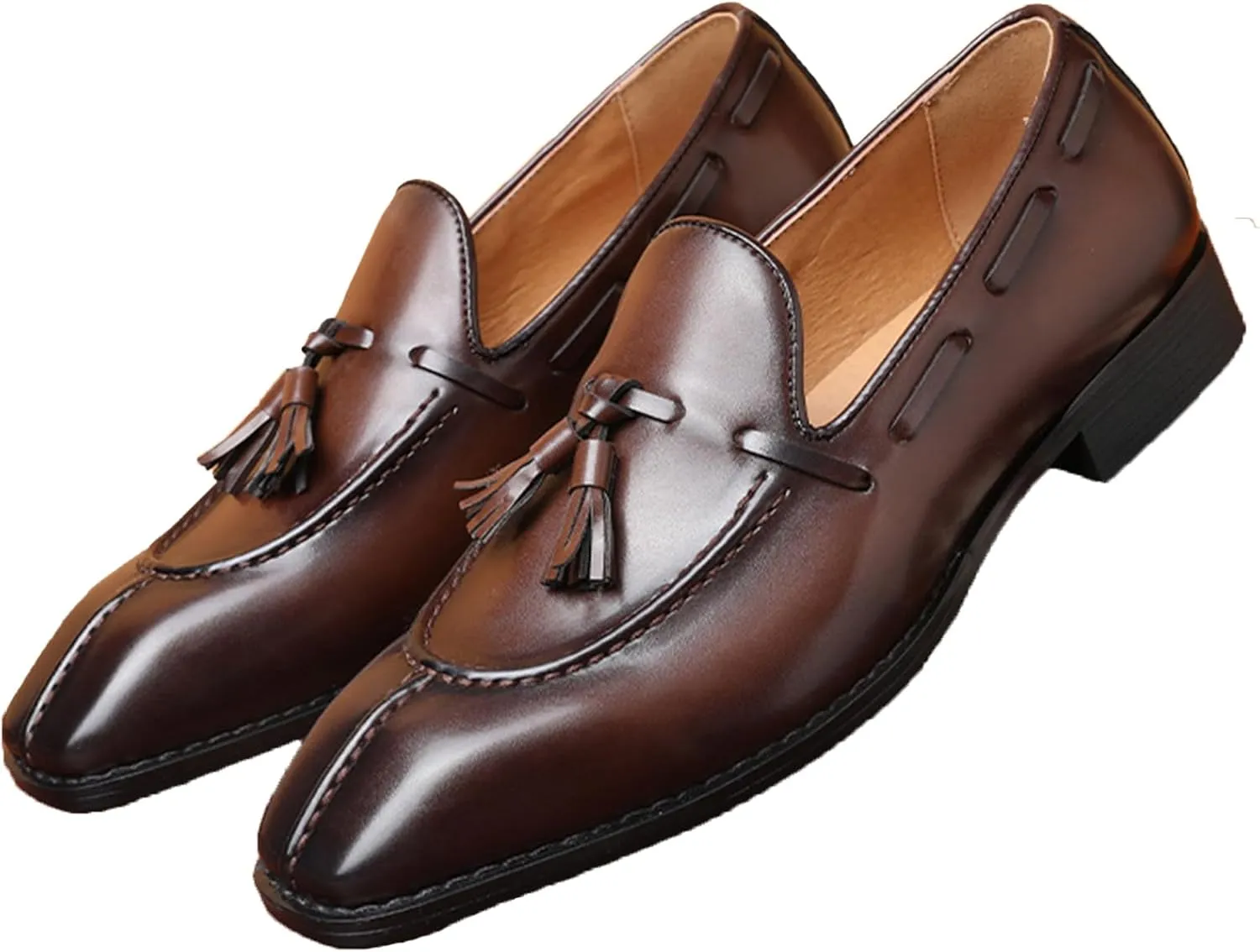 Men's Leather Tassel Dress Loafers Vintage Square Toe Slip-On Oxford Dress Shoes