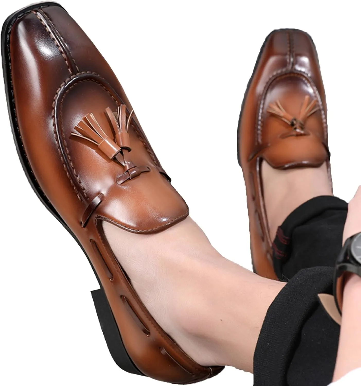 Men's Leather Tassel Dress Loafers Vintage Square Toe Slip-On Oxford Dress Shoes