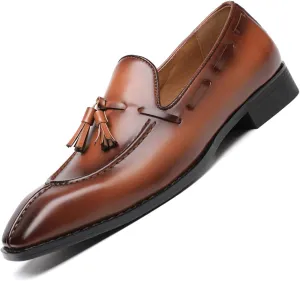 Men's Leather Tassel Dress Loafers Vintage Square Toe Slip-On Oxford Dress Shoes