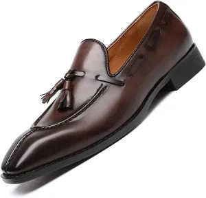 Men's Leather Tassel Dress Loafers Vintage Square Toe Slip-On Oxford Dress Shoes