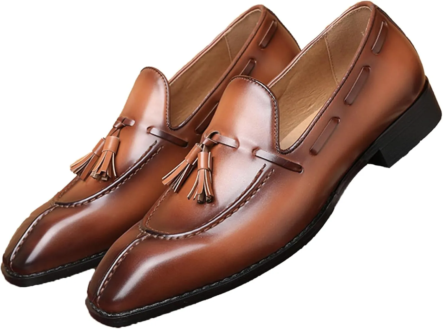 Men's Leather Tassel Dress Loafers Vintage Square Toe Slip-On Oxford Dress Shoes