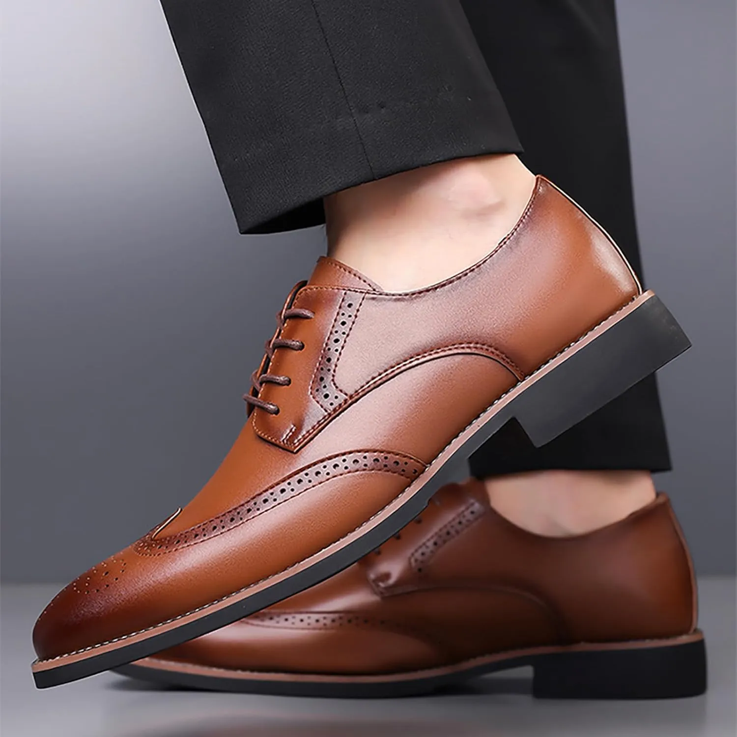 Men's Leather Wingtip Business Dress Oxford Shoes Lace Up Retro Pointed Comfortable Formal Brogue Shoes Wedding Party Derby Shoes