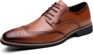 Men's Leather Wingtip Business Dress Oxford Shoes Lace Up Retro Pointed Comfortable Formal Brogue Shoes Wedding Party Derby Shoes