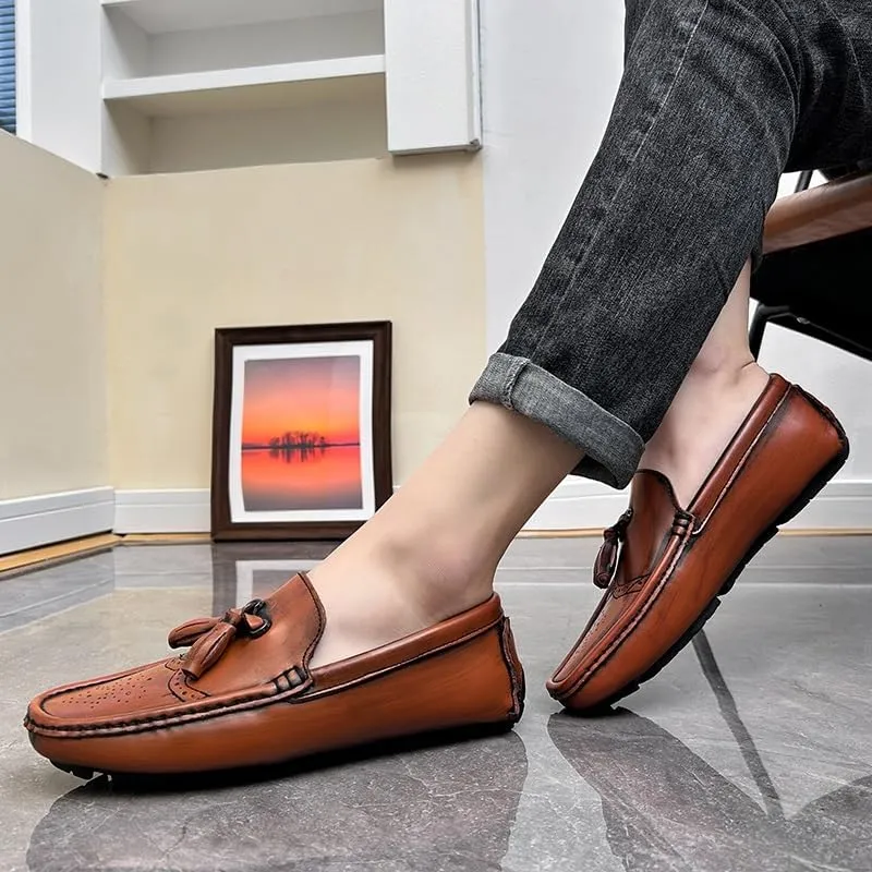 Men's Loafers Shoes Square Toe Brogue Embossed Wingtips with Tassel Driving Loafers Flexible Anti-Slip Flat Heel Party Slip-on