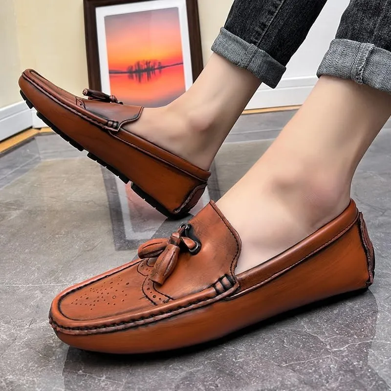 Men's Loafers Shoes Square Toe Brogue Embossed Wingtips with Tassel Driving Loafers Flexible Anti-Slip Flat Heel Party Slip-on