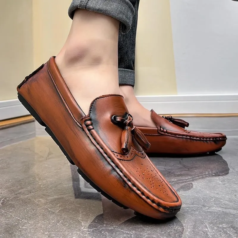 Men's Loafers Shoes Square Toe Brogue Embossed Wingtips with Tassel Driving Loafers Flexible Anti-Slip Flat Heel Party Slip-on