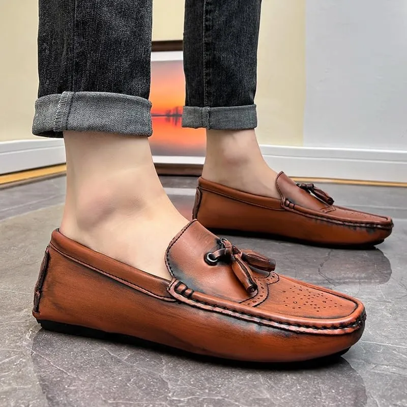 Men's Loafers Shoes Square Toe Brogue Embossed Wingtips with Tassel Driving Loafers Flexible Anti-Slip Flat Heel Party Slip-on
