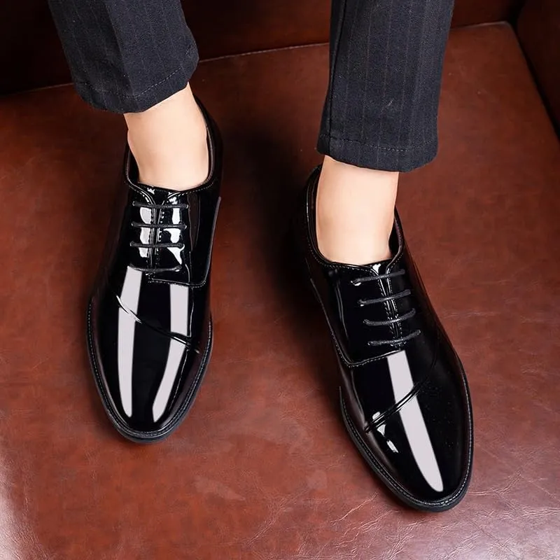 Men's Patent Leather Formal Business Oxford Shoes Fashion Classic Pointed Toe Lace Up Low Top Leather Dress Shoes