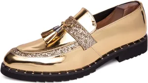 Men's Patent Leather Sequin Tassels Slip On Loafers Fashion Smoking Shoes for Business Wedding Party Formal
