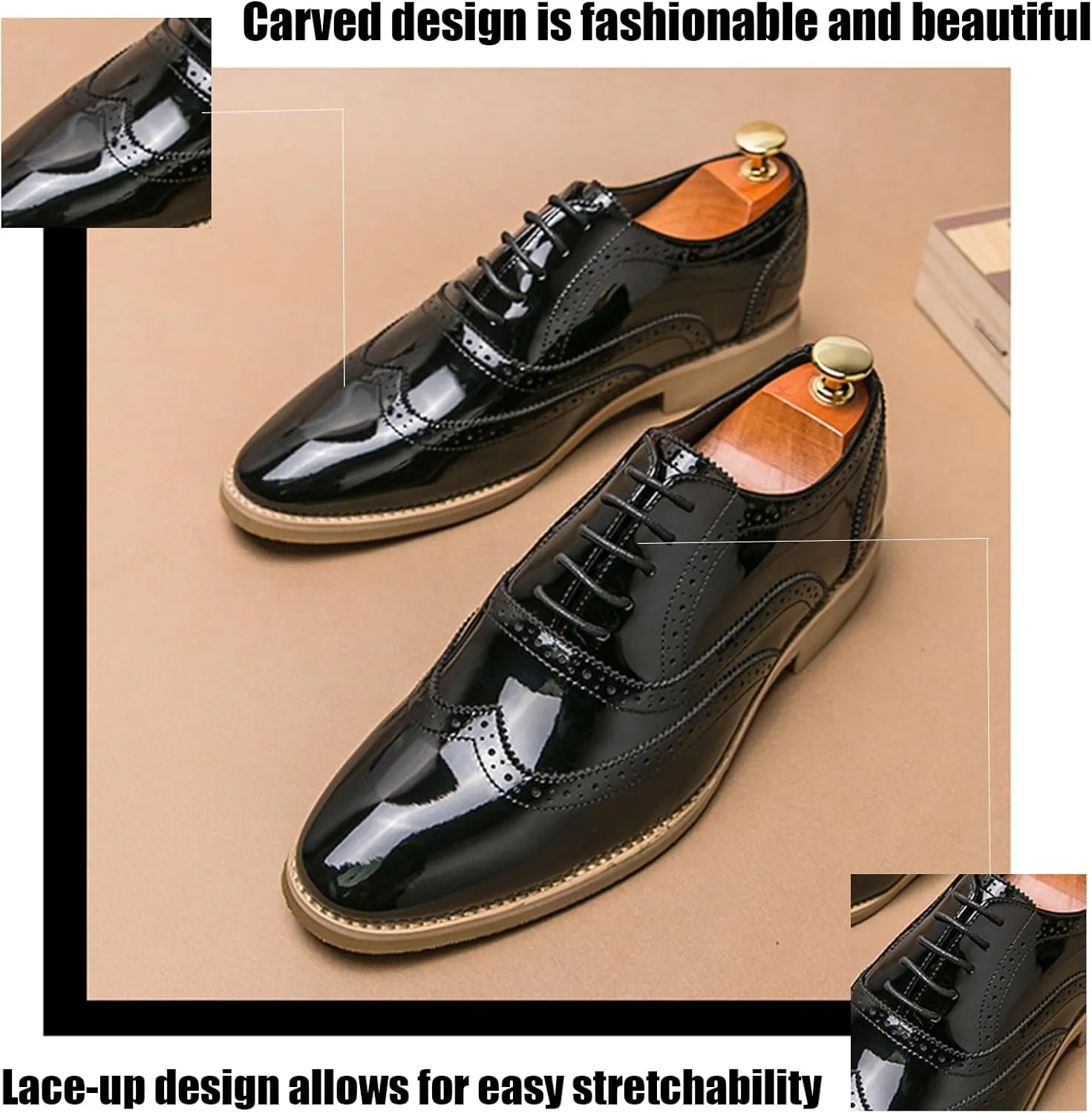 Men's Pointed Toe Wingtip Patent Leather Oxfords Formal Dress Shoes Fashion Retro Carved Brogue Lace Up Derby Business Shoes Soft Sole Breathable Comfory Wedding Tuxedo Shoes
