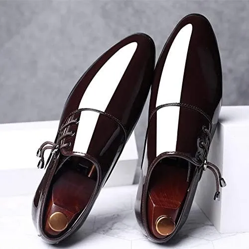 Men's Shiny Patent Leather Dress Shoes Mens Breathable Leather Wingtip Brogue Oxfords Shoes Increasing Non-Slip Softsole Walking Derby Shoes