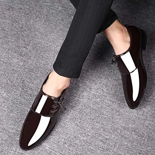 Men's Shiny Patent Leather Dress Shoes Mens Breathable Leather Wingtip Brogue Oxfords Shoes Increasing Non-Slip Softsole Walking Derby Shoes