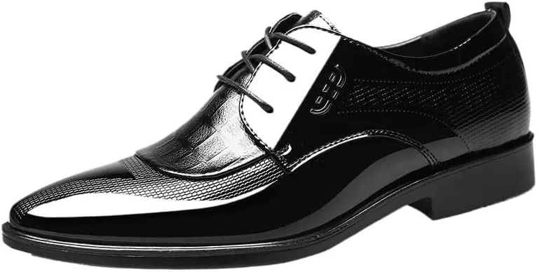 Men's Shiny Patent Leather Oxford Shoes Mens Fashion Classic Pointed Toe Lace Up Dress Shoes Non-Slip Softsole Derby Shoes