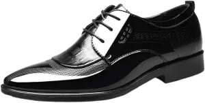 Men's Shiny Patent Leather Oxford Shoes Mens Fashion Classic Pointed Toe Lace Up Dress Shoes Non-Slip Softsole Derby Shoes