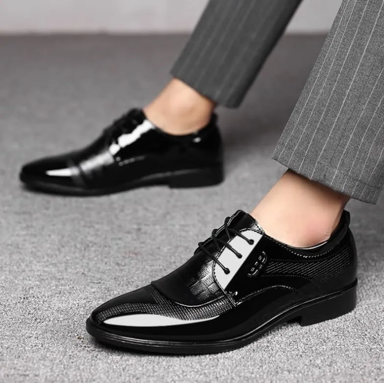 Men's Shiny Patent Leather Oxford Shoes Mens Fashion Classic Pointed Toe Lace Up Dress Shoes Non-Slip Softsole Derby Shoes