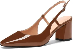 MODENCOCO Women's Square Toe Patent Buckle Sexy Slingback Evening Block Mid Heel Pumps Shoes 2.5 Inch
