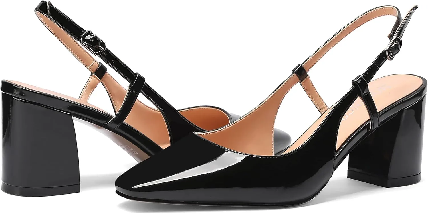 MODENCOCO Women's Square Toe Patent Buckle Sexy Slingback Evening Block Mid Heel Pumps Shoes 2.5 Inch