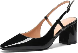 MODENCOCO Women's Square Toe Patent Buckle Sexy Slingback Evening Block Mid Heel Pumps Shoes 2.5 Inch