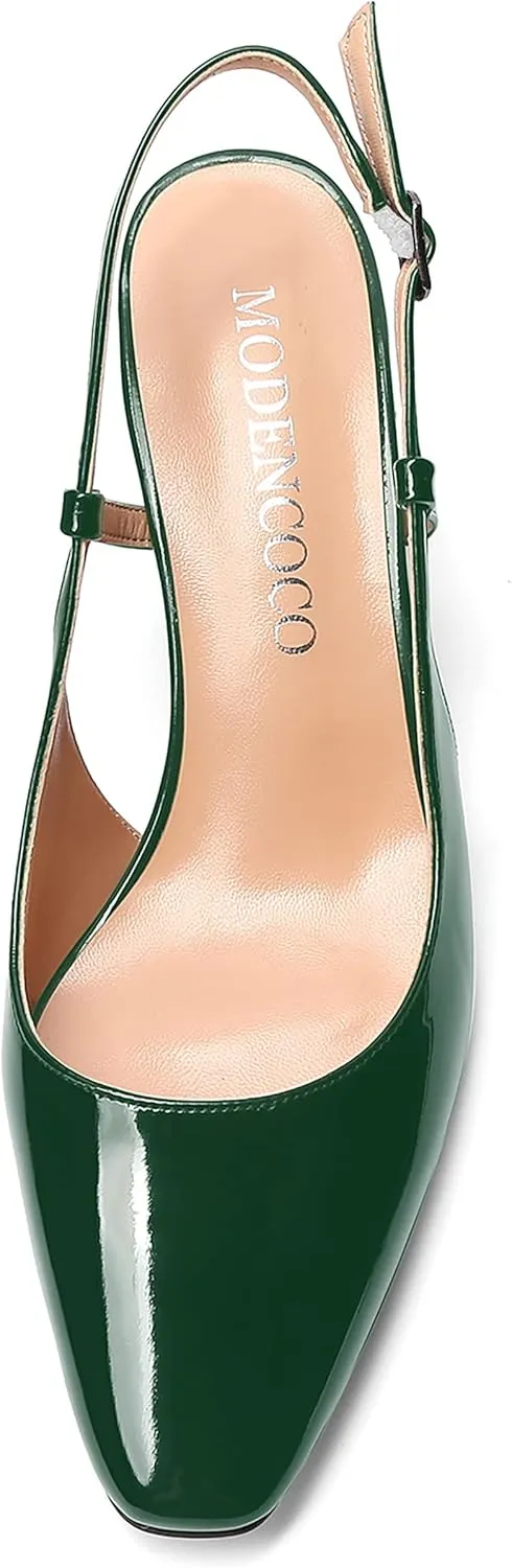 MODENCOCO Women's Square Toe Patent Buckle Sexy Slingback Evening Block Mid Heel Pumps Shoes 2.5 Inch