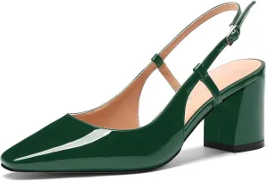 MODENCOCO Women's Square Toe Patent Buckle Sexy Slingback Evening Block Mid Heel Pumps Shoes 2.5 Inch