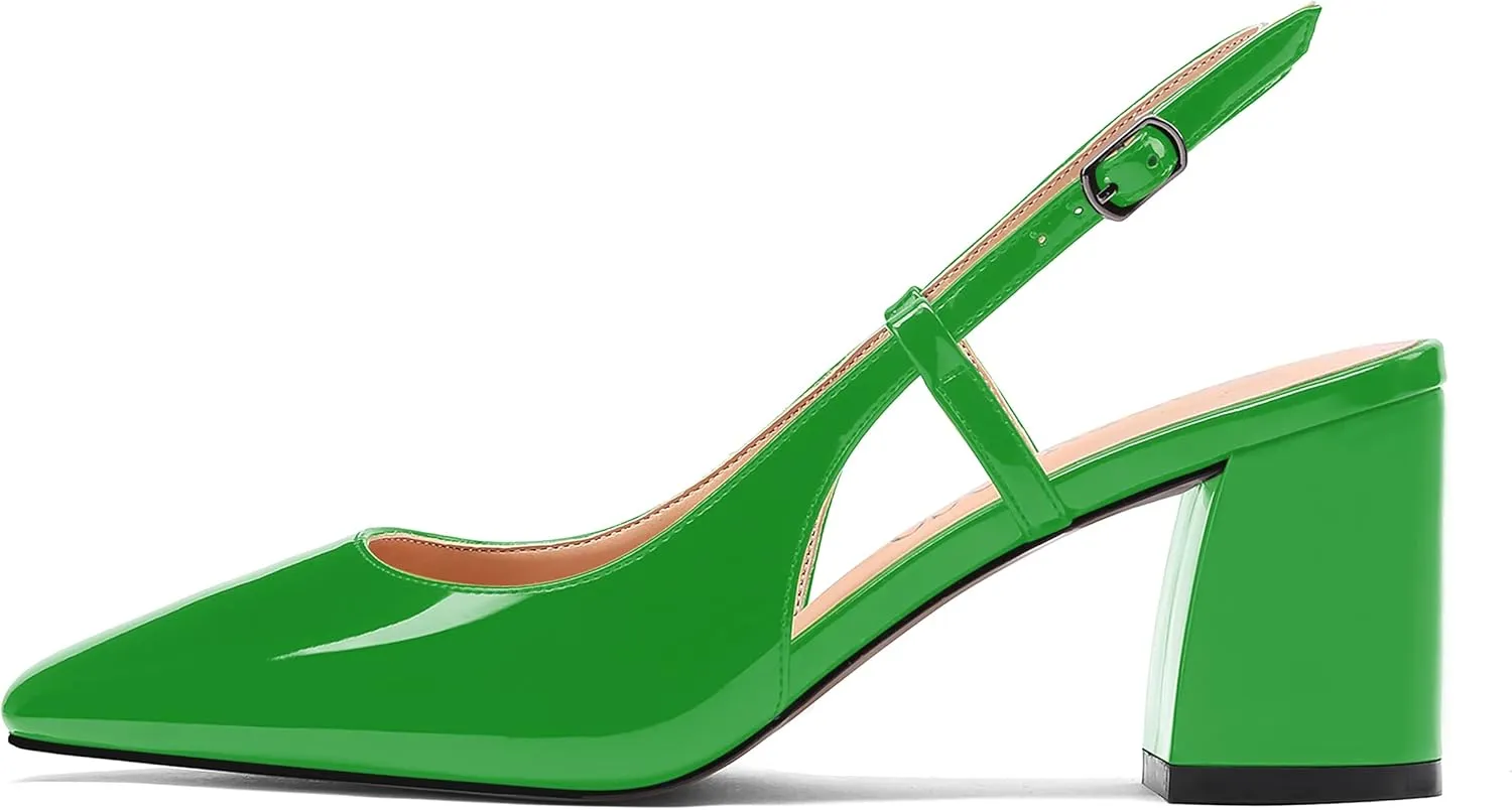 MODENCOCO Women's Square Toe Patent Buckle Sexy Slingback Evening Block Mid Heel Pumps Shoes 2.5 Inch