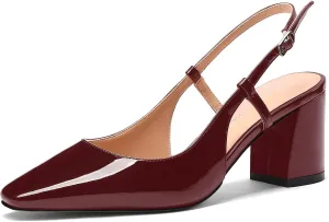 MODENCOCO Women's Square Toe Patent Buckle Sexy Slingback Evening Block Mid Heel Pumps Shoes 2.5 Inch