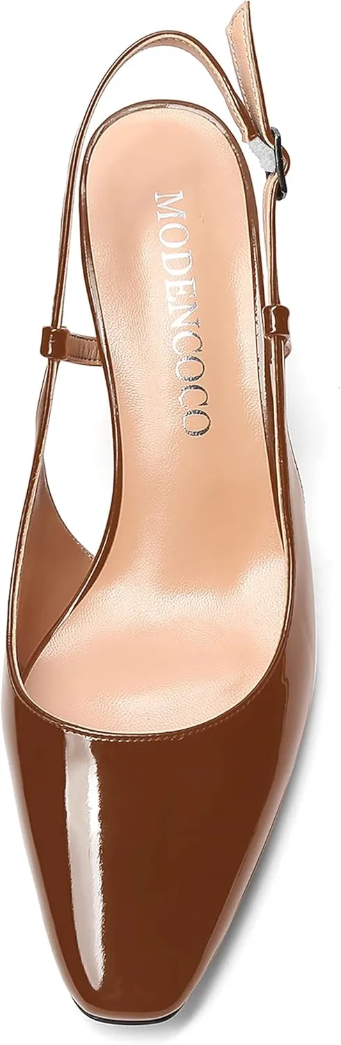 MODENCOCO Women's Square Toe Patent Buckle Sexy Slingback Evening Block Mid Heel Pumps Shoes 2.5 Inch