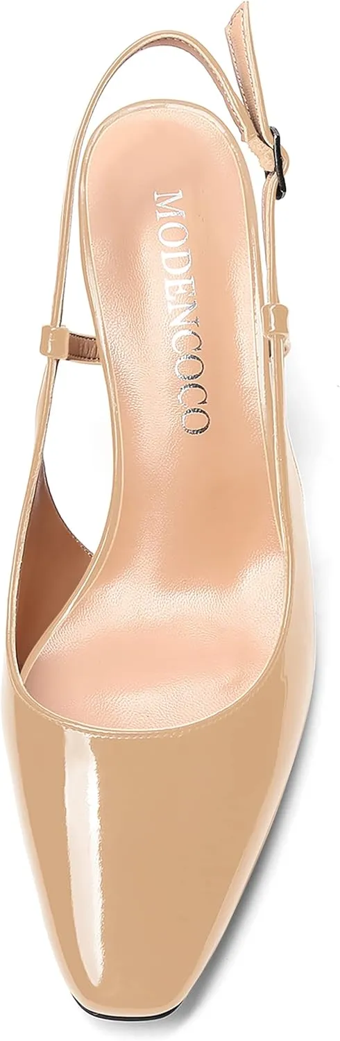 MODENCOCO Women's Square Toe Patent Buckle Sexy Slingback Evening Block Mid Heel Pumps Shoes 2.5 Inch