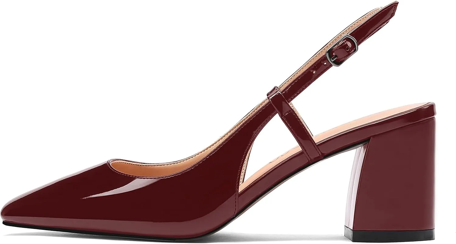 MODENCOCO Women's Square Toe Patent Buckle Sexy Slingback Evening Block Mid Heel Pumps Shoes 2.5 Inch