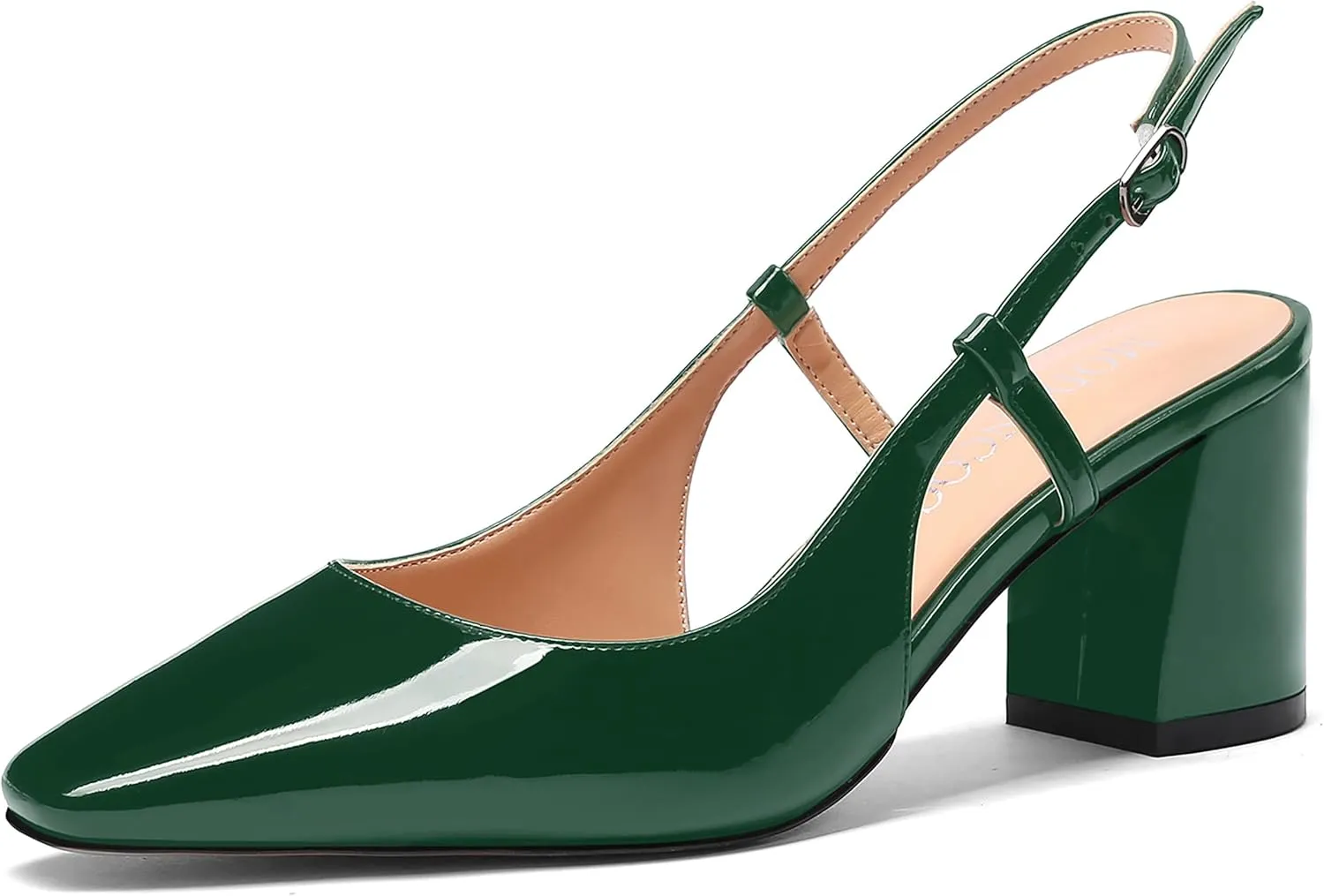 MODENCOCO Women's Square Toe Patent Buckle Sexy Slingback Evening Block Mid Heel Pumps Shoes 2.5 Inch