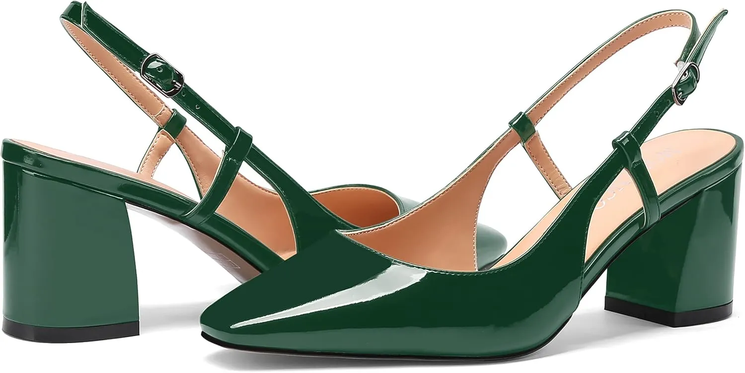 MODENCOCO Women's Square Toe Patent Buckle Sexy Slingback Evening Block Mid Heel Pumps Shoes 2.5 Inch