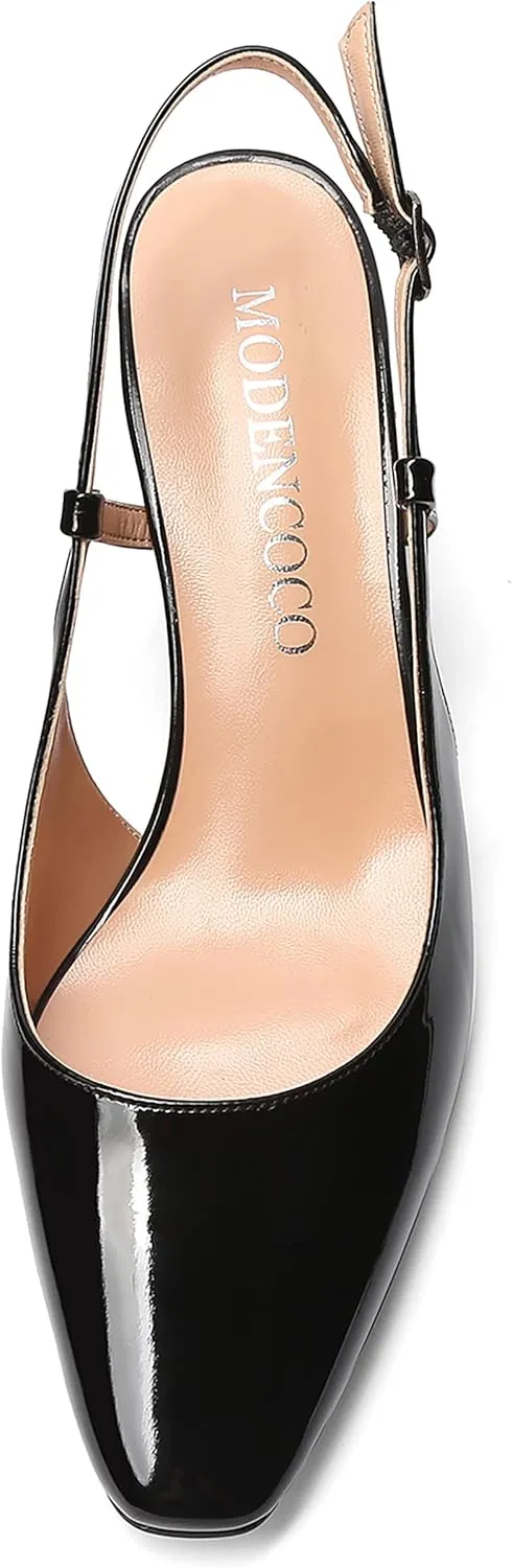 MODENCOCO Women's Square Toe Patent Buckle Sexy Slingback Evening Block Mid Heel Pumps Shoes 2.5 Inch