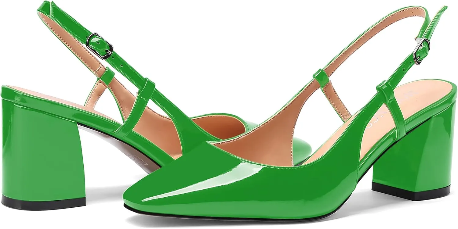 MODENCOCO Women's Square Toe Patent Buckle Sexy Slingback Evening Block Mid Heel Pumps Shoes 2.5 Inch