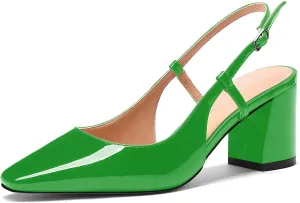 MODENCOCO Women's Square Toe Patent Buckle Sexy Slingback Evening Block Mid Heel Pumps Shoes 2.5 Inch