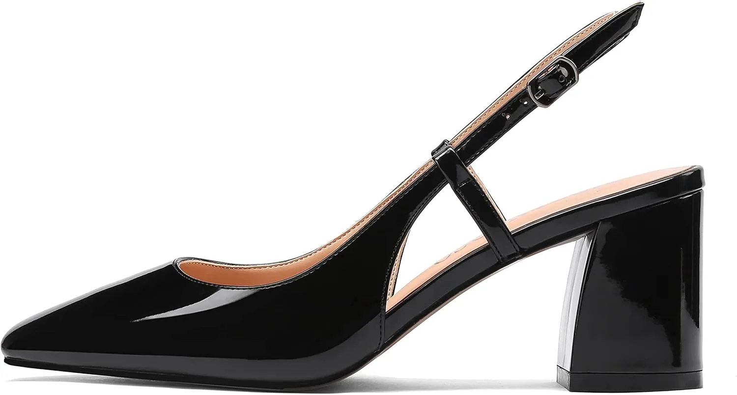 MODENCOCO Women's Square Toe Patent Buckle Sexy Slingback Evening Block Mid Heel Pumps Shoes 2.5 Inch
