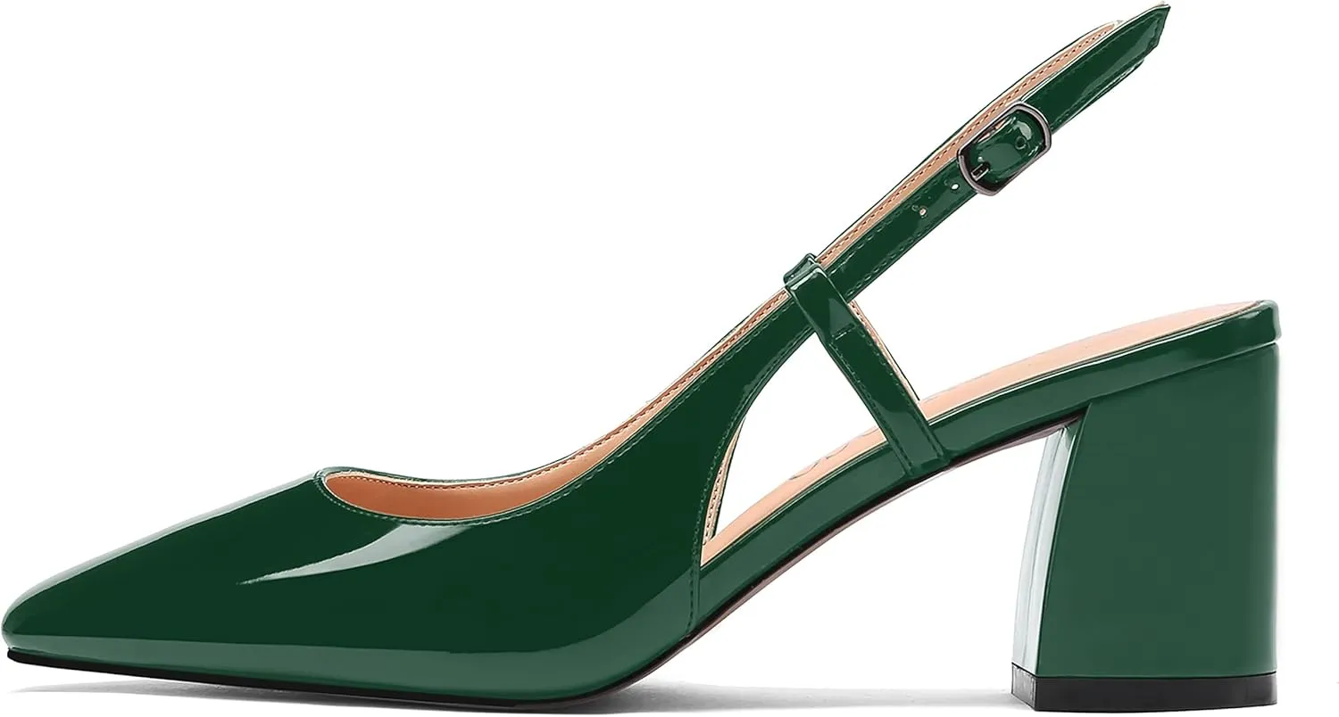 MODENCOCO Women's Square Toe Patent Buckle Sexy Slingback Evening Block Mid Heel Pumps Shoes 2.5 Inch