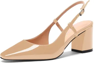 MODENCOCO Women's Square Toe Patent Buckle Sexy Slingback Evening Block Mid Heel Pumps Shoes 2.5 Inch