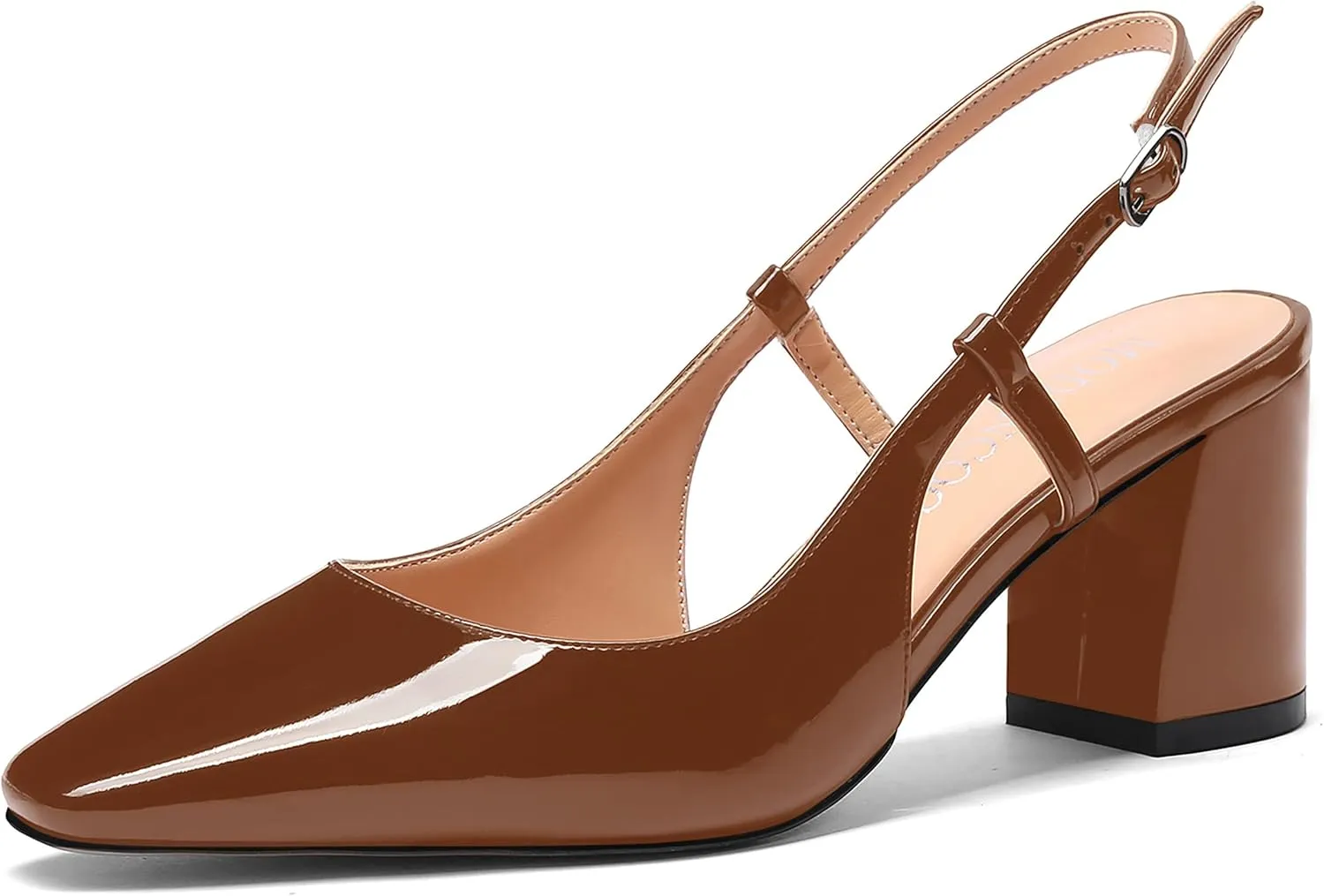 MODENCOCO Women's Square Toe Patent Buckle Sexy Slingback Evening Block Mid Heel Pumps Shoes 2.5 Inch