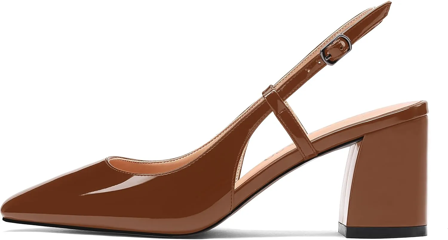 MODENCOCO Women's Square Toe Patent Buckle Sexy Slingback Evening Block Mid Heel Pumps Shoes 2.5 Inch