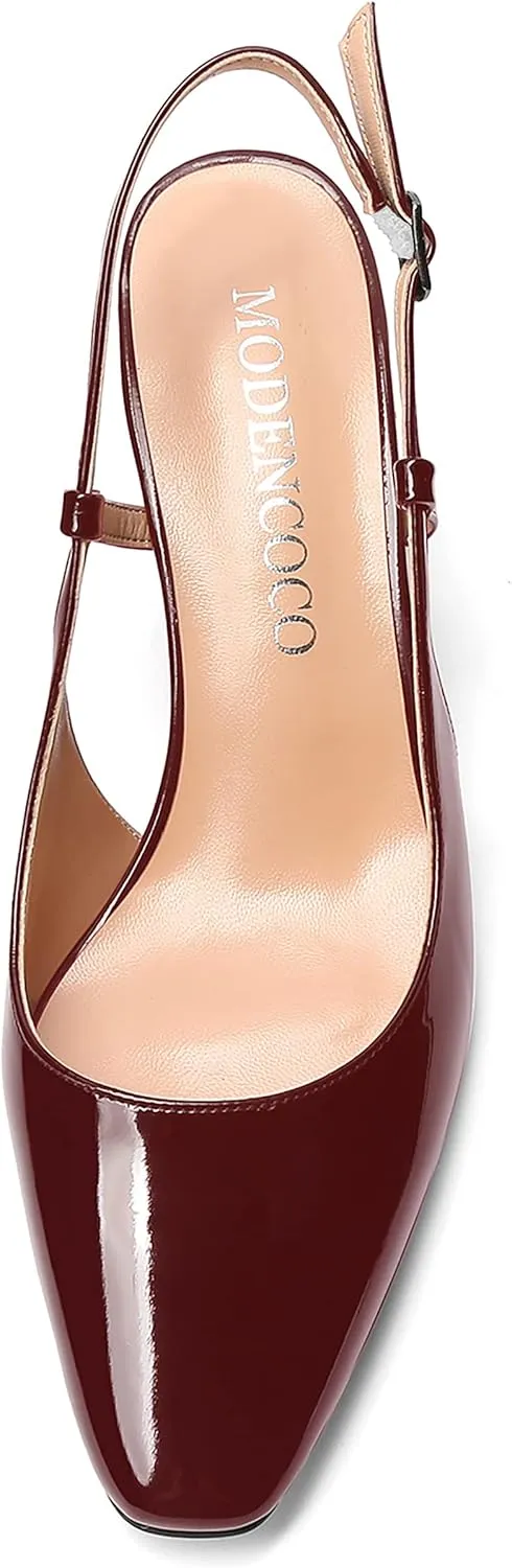 MODENCOCO Women's Square Toe Patent Buckle Sexy Slingback Evening Block Mid Heel Pumps Shoes 2.5 Inch
