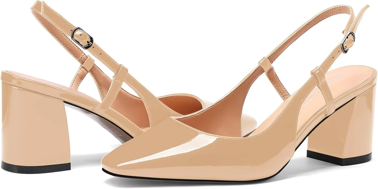 MODENCOCO Women's Square Toe Patent Buckle Sexy Slingback Evening Block Mid Heel Pumps Shoes 2.5 Inch