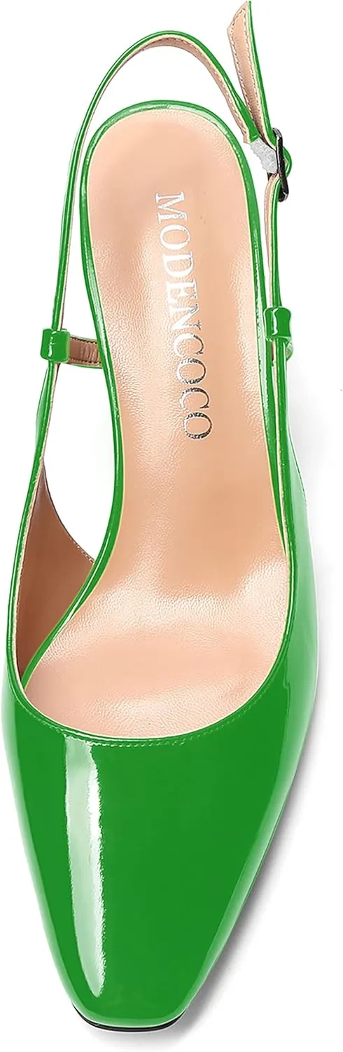 MODENCOCO Women's Square Toe Patent Buckle Sexy Slingback Evening Block Mid Heel Pumps Shoes 2.5 Inch