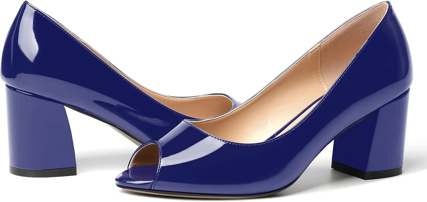 MOVINSTEPS Womens Slip On Dating Peep Toe Dress Patent Block Mid Heel Pumps Shoes 2.5 Inch