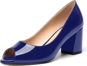 MOVINSTEPS Womens Slip On Dating Peep Toe Dress Patent Block Mid Heel Pumps Shoes 2.5 Inch