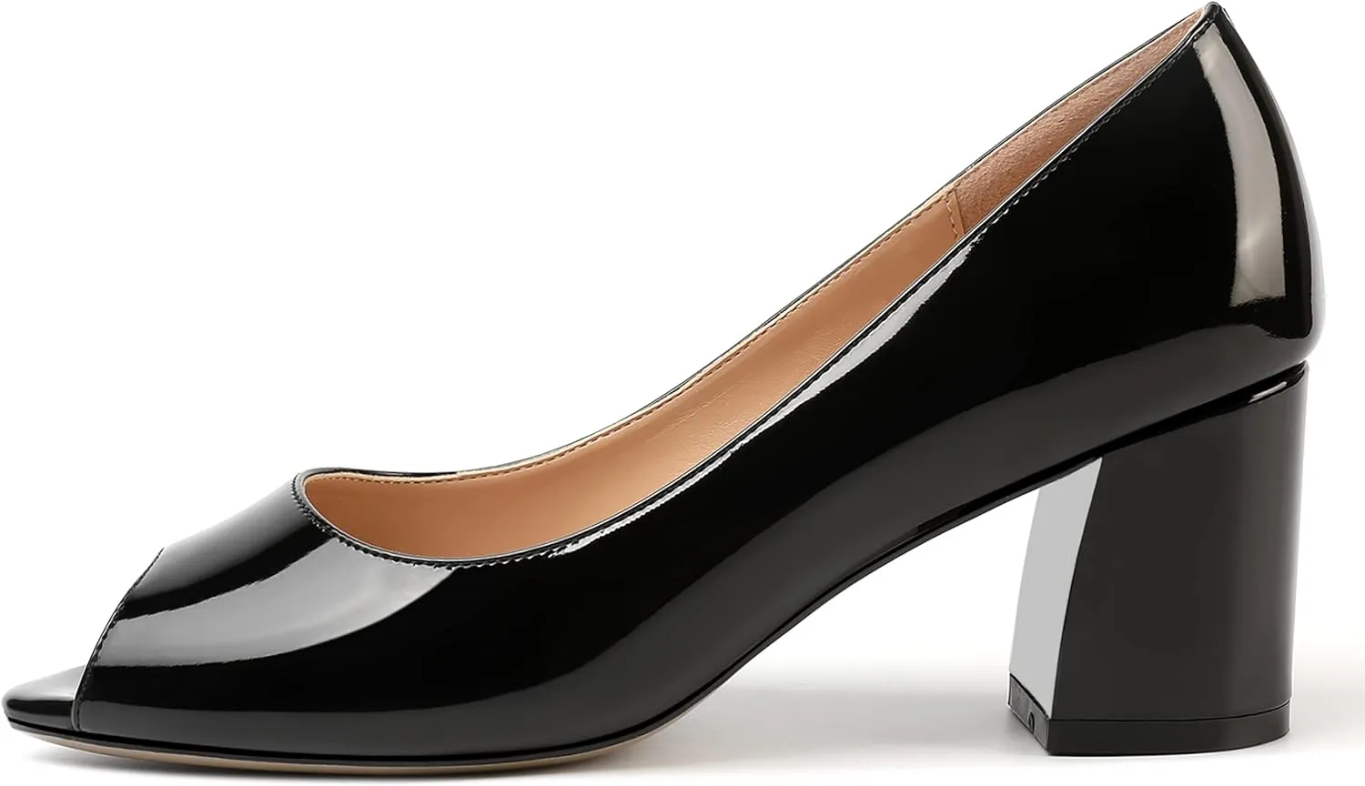 MOVINSTEPS Womens Slip On Dating Peep Toe Dress Patent Block Mid Heel Pumps Shoes 2.5 Inch