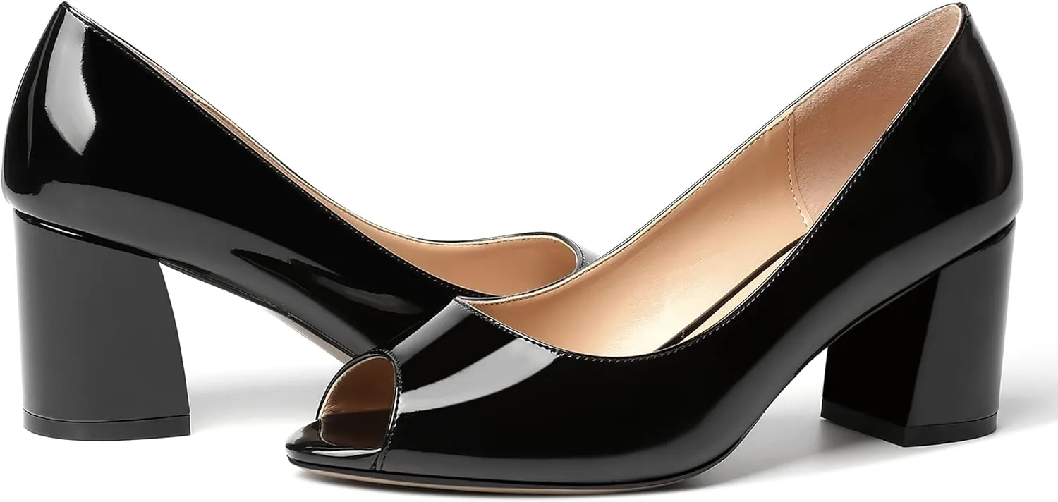 MOVINSTEPS Womens Slip On Dating Peep Toe Dress Patent Block Mid Heel Pumps Shoes 2.5 Inch