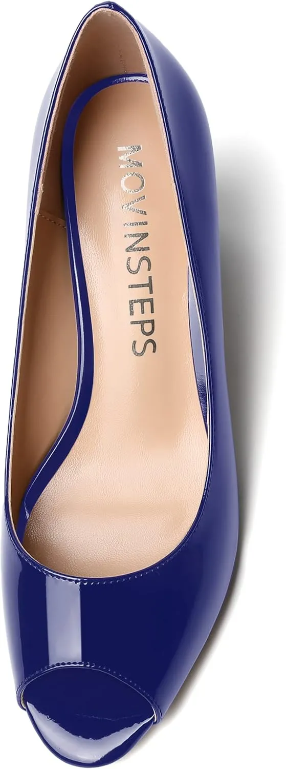 MOVINSTEPS Womens Slip On Dating Peep Toe Dress Patent Block Mid Heel Pumps Shoes 2.5 Inch