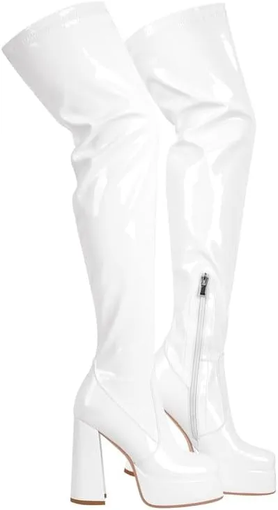 onlymaker Thigh High Platform Boots Chunky Heeled Square Toe side Zip up Stretchy over the Knee Boots
